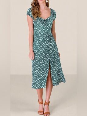Miami Green White Floral Off Shoulder Midi Dress with Side Slit XS New With Tags